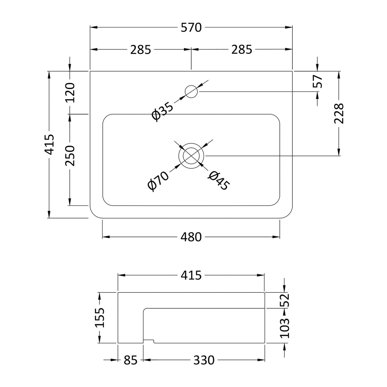Hudson Reed Rectangular Vessel Semi Recess Basin - 570 x 415mm
