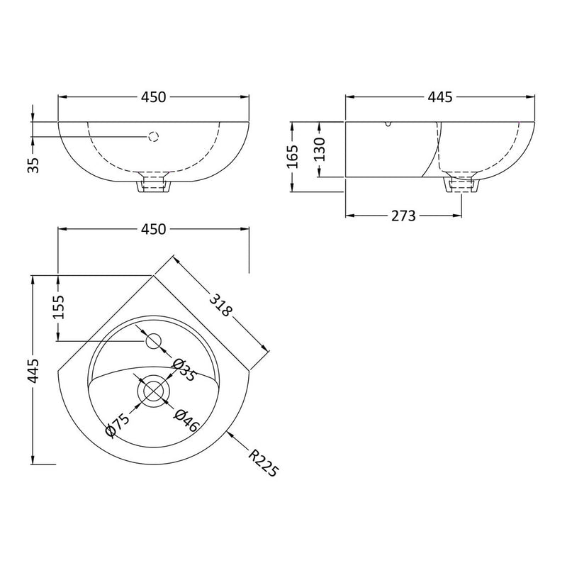 Nuie Melbourne Corner Wall Hung Basin 450 x 445mm