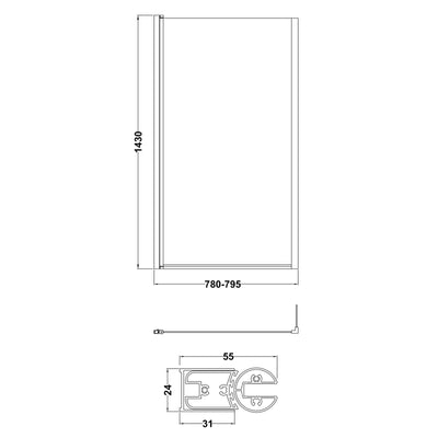 Cape Black Hinged L Shape Shower Bath Screen With Fixed Return 805mm
