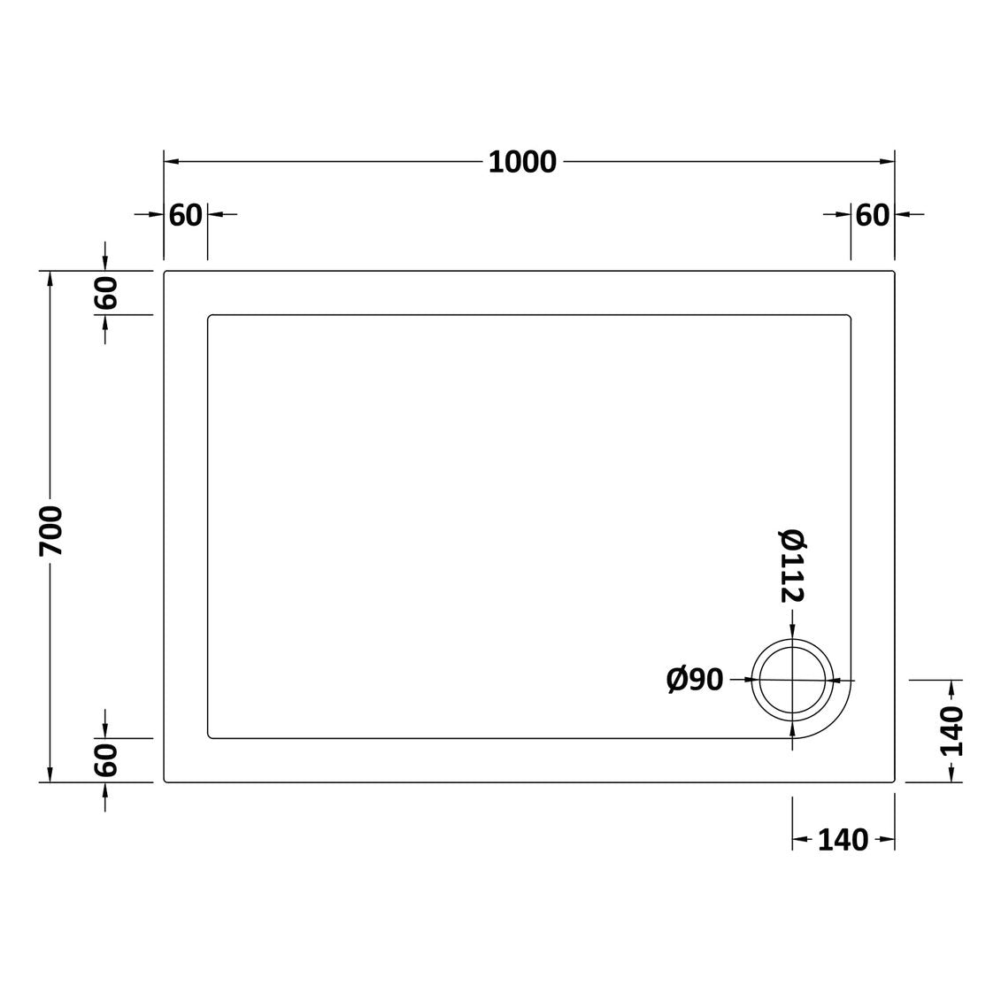 Nuie Slip Resistant Rectangular Matt White Stone Resin Shower Tray - 1000 x 700mm