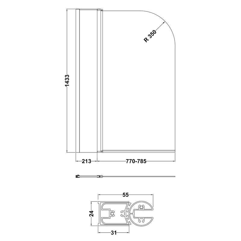 Porto Round Hinged 6mm Bath Screen With Fixed Panel 985mm