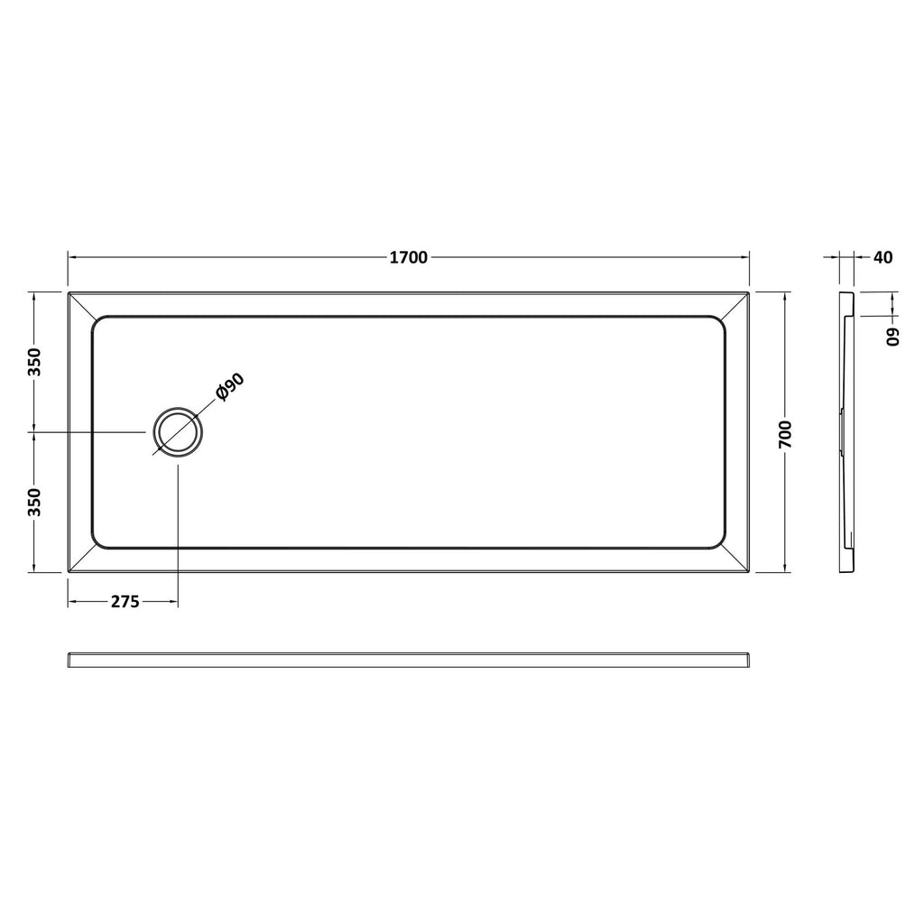 Nuie Pearlstone Rectangular Gloss White Stone Resin Shower Tray - 1700 x 700mm, With End Waste
