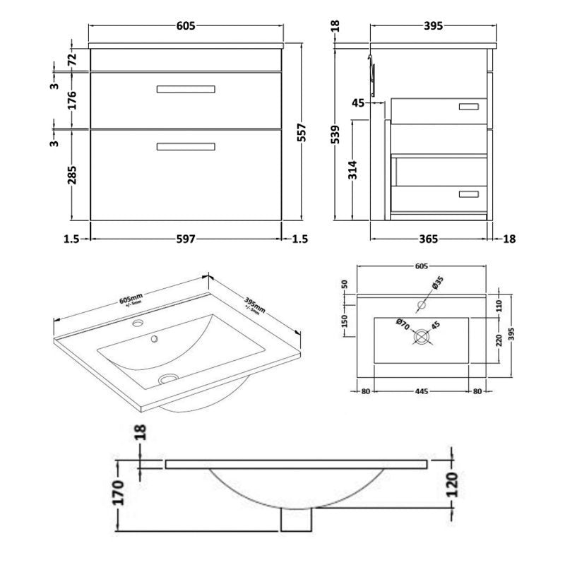 Cape 600mm Wall Hung 2 Drawer Vanity Unit & Minimalist Basin - Charcoal Black