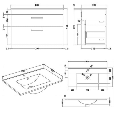 Cape 800mm Wall Hung 2 Drawer Vanity Unit & Minimalist Basin - Gloss White