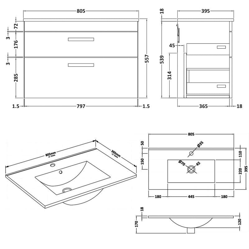 Cape 800mm Wall Hung 2 Drawer Vanity Unit & Minimalist Basin - Gloss White