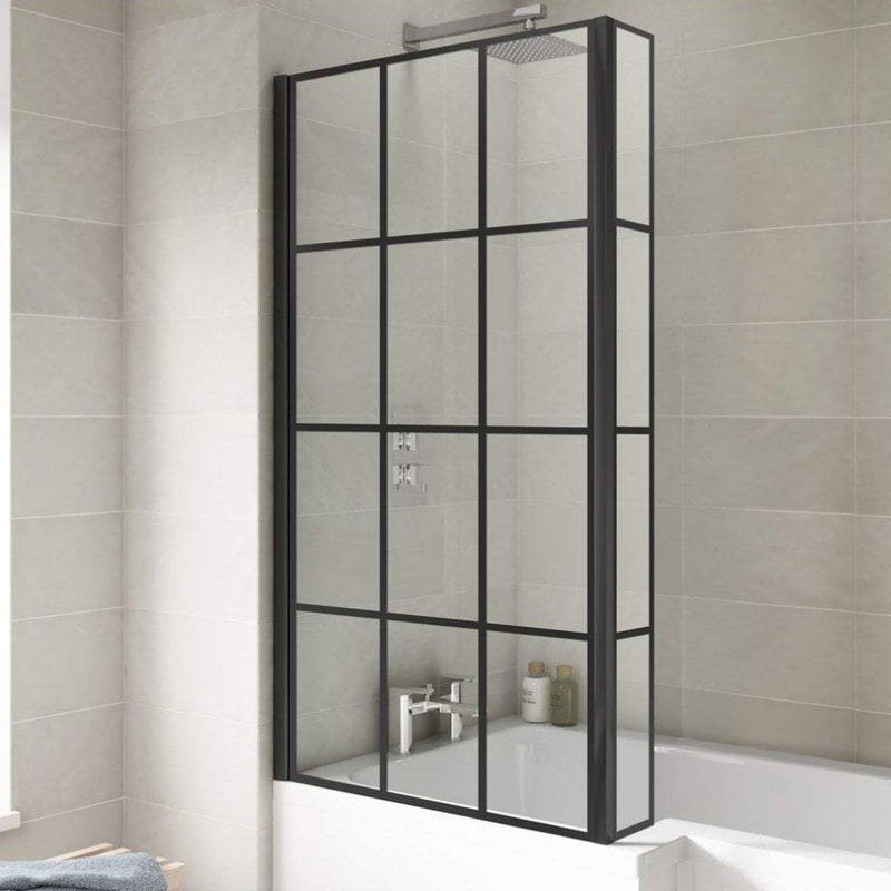 Cape Black Grid Hinged L Shape Shower Bath Screen With Fixed Return 805mm