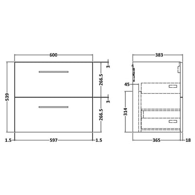 Nuie Arno 600 x 383mm Wall Hung Vanity Unit With 2 Drawers & Ceramic Basin
