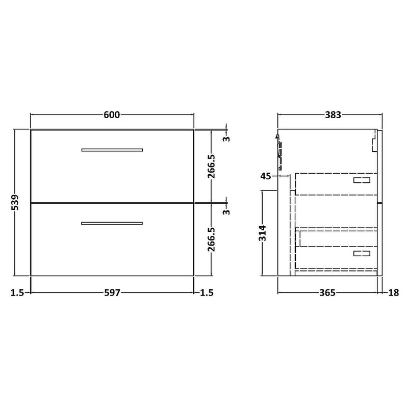 Nuie Arno 600 x 383mm Wall Hung Vanity Unit With 2 Drawers & Ceramic Basin