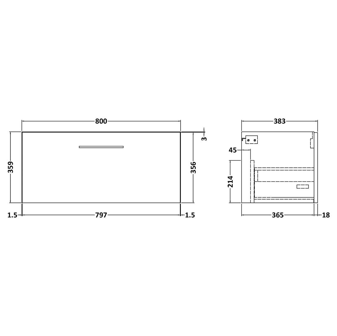 Nuie Arno 800 x 383mm Wall Hung Vanity Unit With 1 Drawer & Ceramic Basin