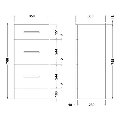 Nuie Mayford 766 x 350 x 300mm Floor Standing 3 Drawer Unit - White Gloss