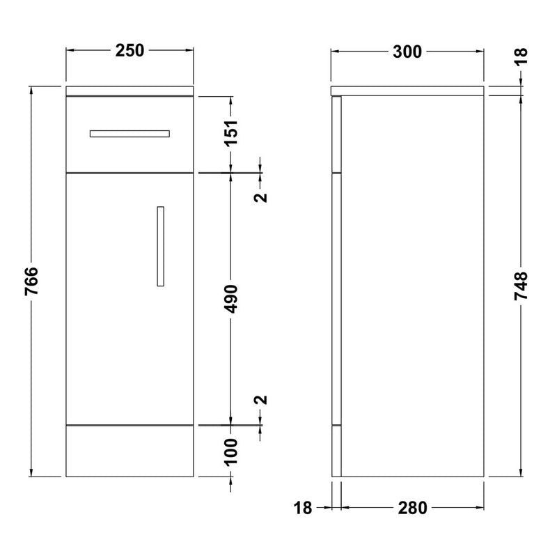 Nuie Mayford 766 x 250 x 300mm Floor Standing Cupboard With 1 Door & 1 Drawer - White Gloss