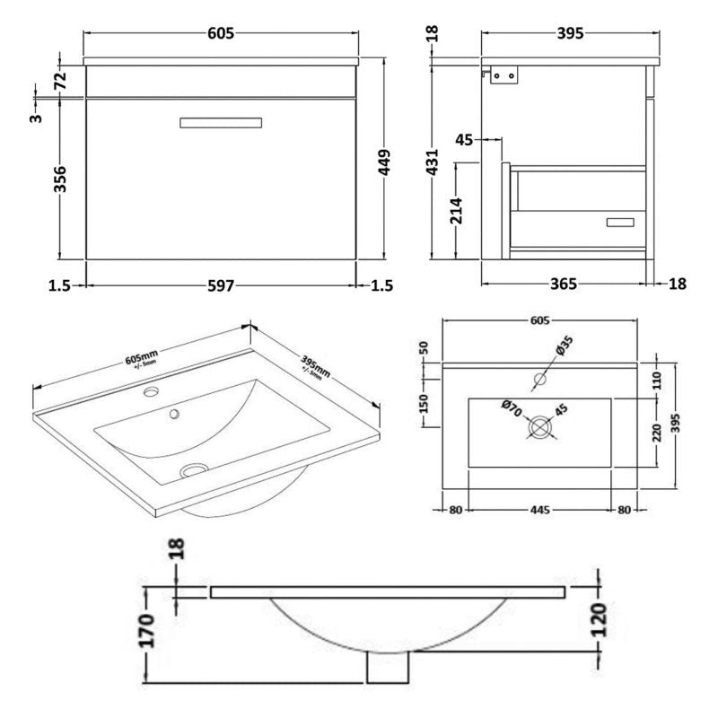Cape 600mm Wall Hung Single Drawer Vanity Unit & Minimalist Basin - Charcoal Black