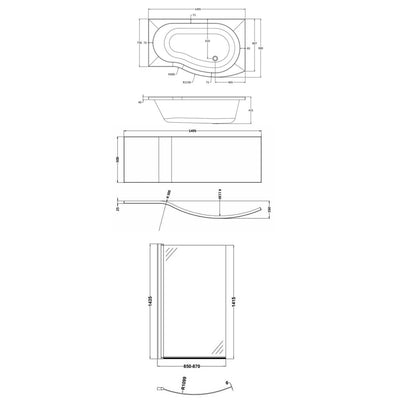 Capri B Shape Shower Bath With Screen & Front Panel 1500 x 900mm