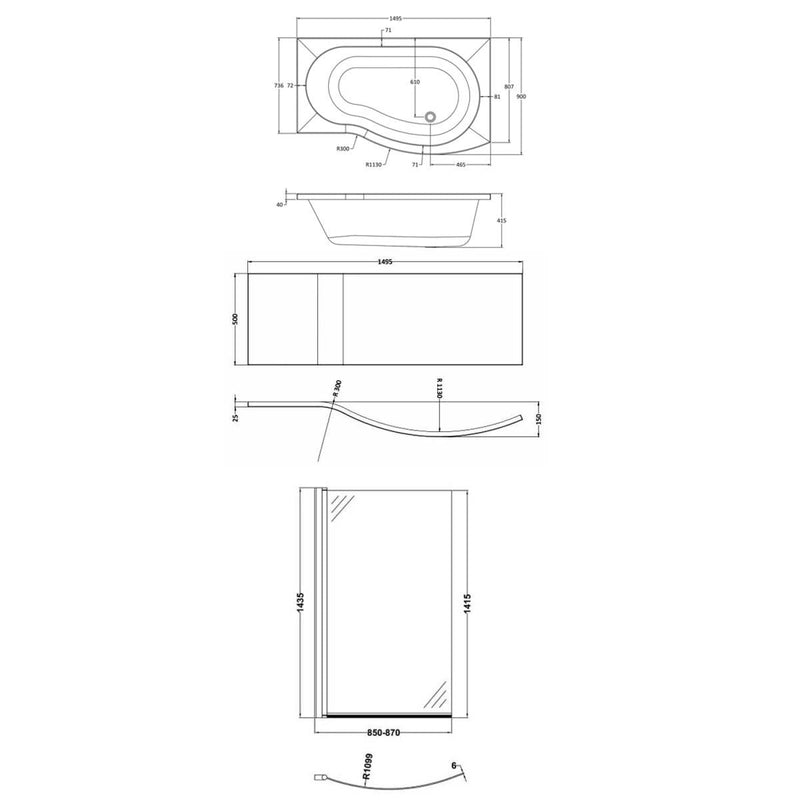 Capri B Shape Shower Bath With Screen & Front Panel 1500 x 900mm