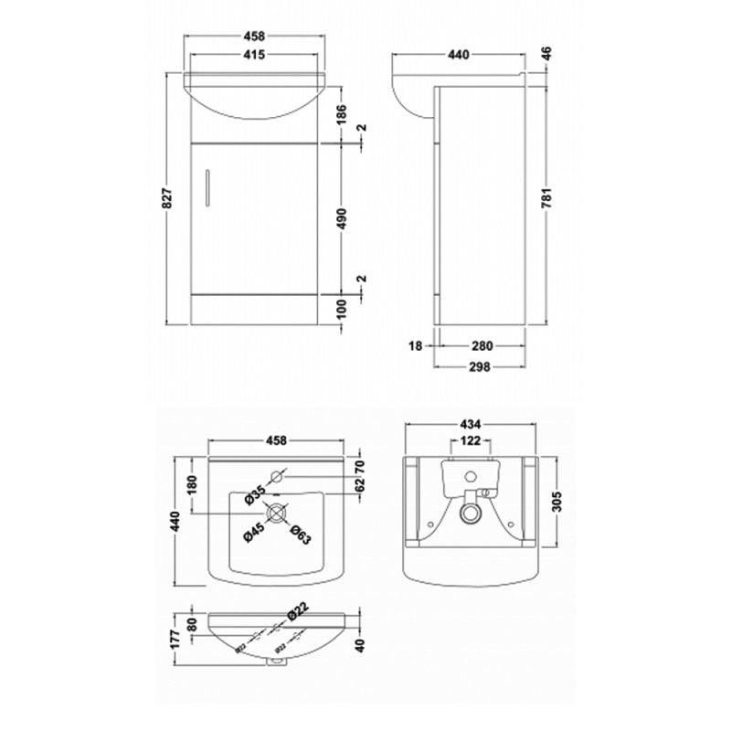 Howden 450mm Floor Standing Vanity Unit & Square Basin - Gloss White