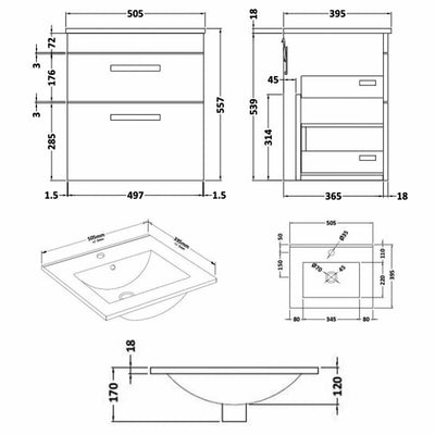 Cape 500mm Wall Hung 2 Drawer Vanity Unit & Minimalist Basin - Anthracite Woodgrain