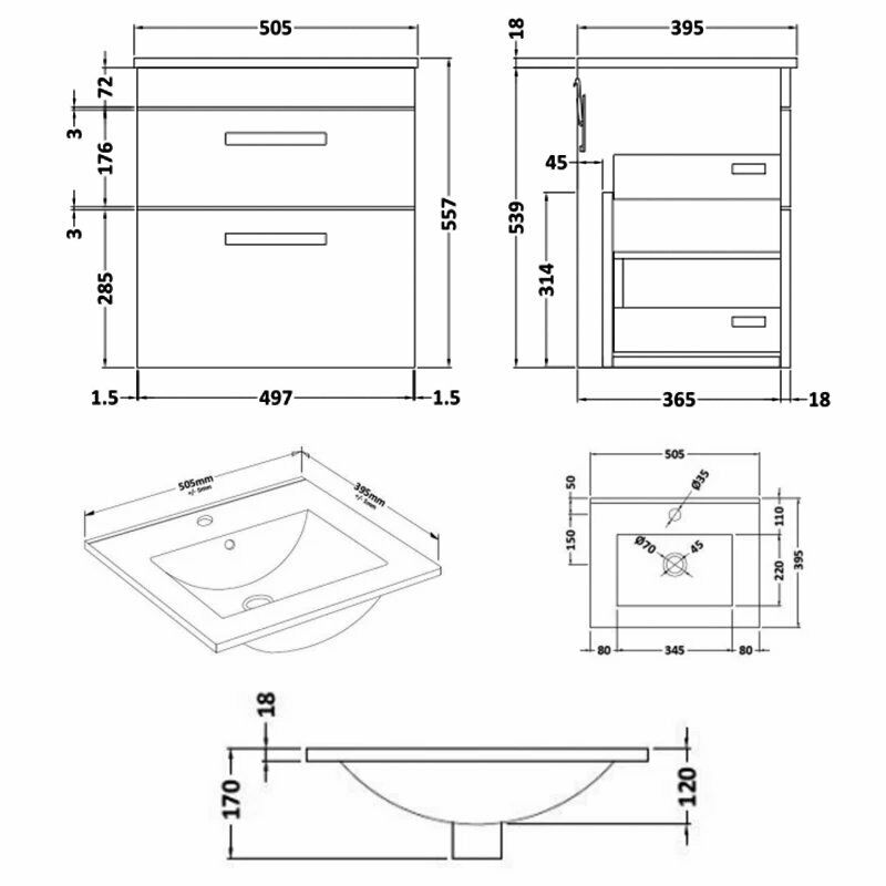 Cape 500mm Wall Hung 2 Drawer Vanity Unit & Minimalist Basin - Anthracite Woodgrain