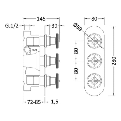 Hudson Reed Revolution 3 Outlet Triple Handle Concealed Thermostatic Shower Valve - Brushed Brass