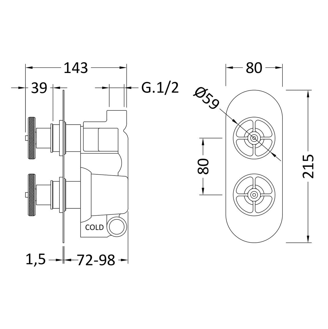 Hudson Reed Revolution 1 Outlet Twin Handle Concealed Thermostatic Shower Valve - Chrome