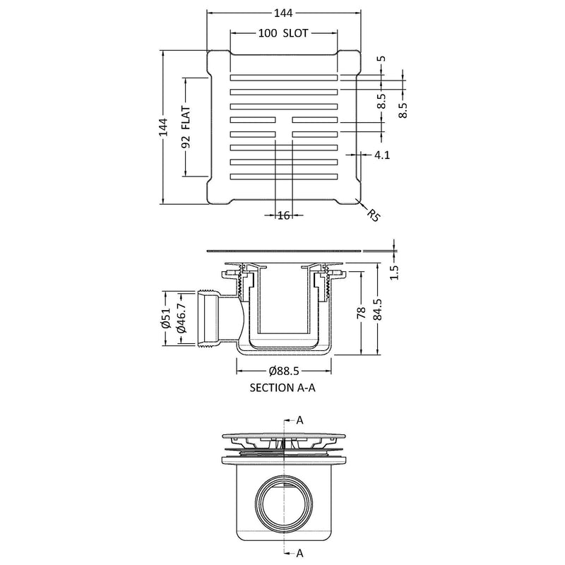Nuie Slimline Square Shower Tray Waste - Brushed Brass & Black