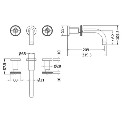Hudson Reed Revolution Wall Mounted Basin Mixer - Brushed Brass