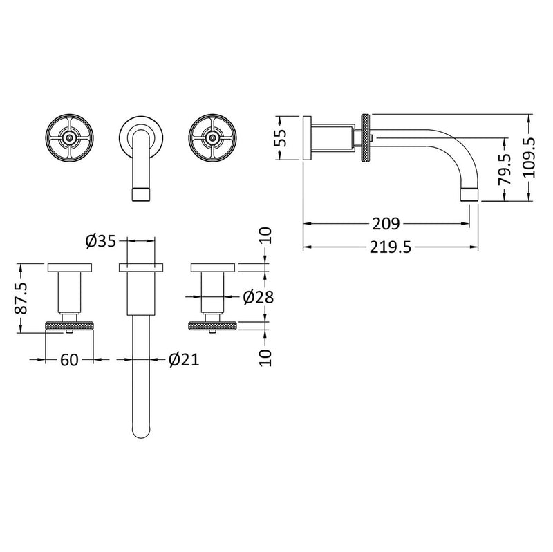 Hudson Reed Revolution Wall Mounted Basin Mixer - Brushed Brass