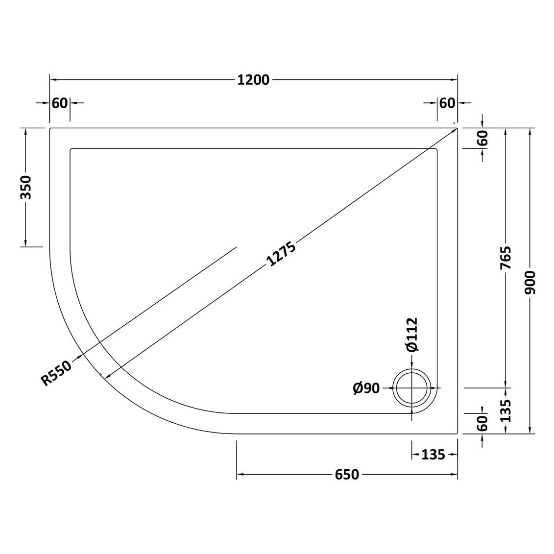 Slate Effect Stone Resin Offset Quadrant Shower Tray & Waste 1200 x 900mm Left Hand