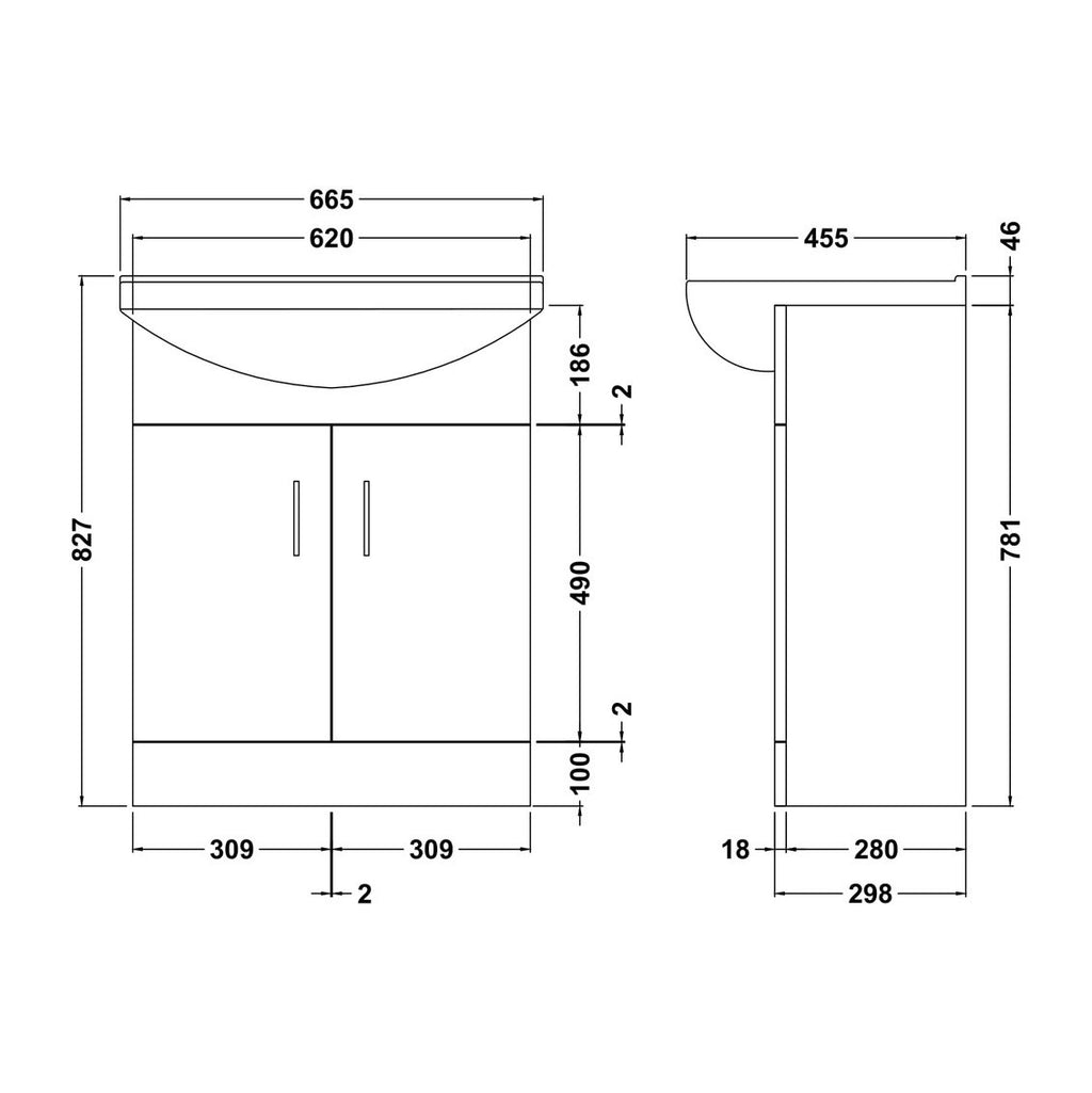 Nuie Mayford 650 x 300mm Floor Standing Vanity Unit With 2 Doors & Ceramic Basin - White Gloss