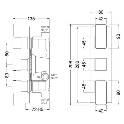 Cape Black 2 Outlet Concealed Thermostatic Valve With 3 Handles